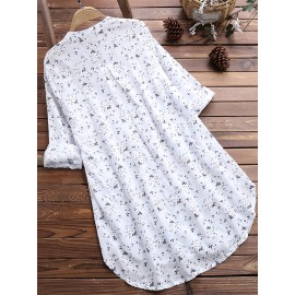 Floral Print Pleated V-neck Long Blouses, Casual Loose Button Down Long Sleeve Fashion Long Shirts Tops, Women's Clothing