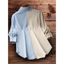 Colorblock Polo Collar Button Shirt, Casual Long Sleeve Shirt For Spring & Fall, Women's Clothing