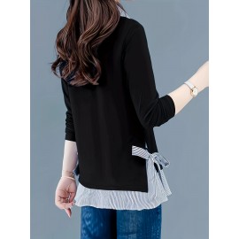 Striped Print Faux Twinset Blouse, Casual Long Sleeve Knot Hem Blouse For Spring & Fall, Women's Clothing