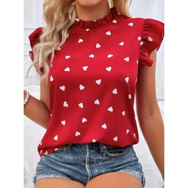 Heart Print Ruffle Trim Blouse, Casual Pleated Crew Neck Blouse For Spring & Summer, Women's Clothing