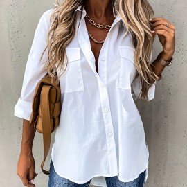 Button Front Long Sleeve Shirt, Casual Solid Office Shirt With Collar, Women's Clothing