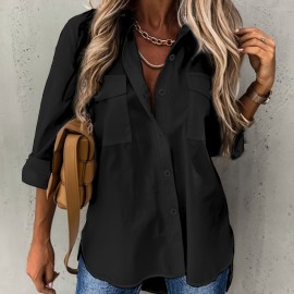 Button Front Long Sleeve Shirt, Casual Solid Office Shirt With Collar, Women's Clothing