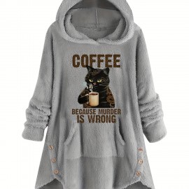 Graphic Print Fluffy Loose Cat Ears Hoodie, Casual Hooded Pocket Fashion Long Sleeve Sweatshirt, Women's Clothing