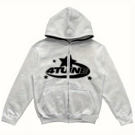 Y2K Letter & Star Print Sweatshirt, Long Sleeve Crew Neck Zip Up Hoodies Sweatshirts, Women's Clothing
