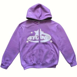 Y2K Letter & Star Print Sweatshirt, Long Sleeve Crew Neck Zip Up Hoodies Sweatshirts, Women's Clothing