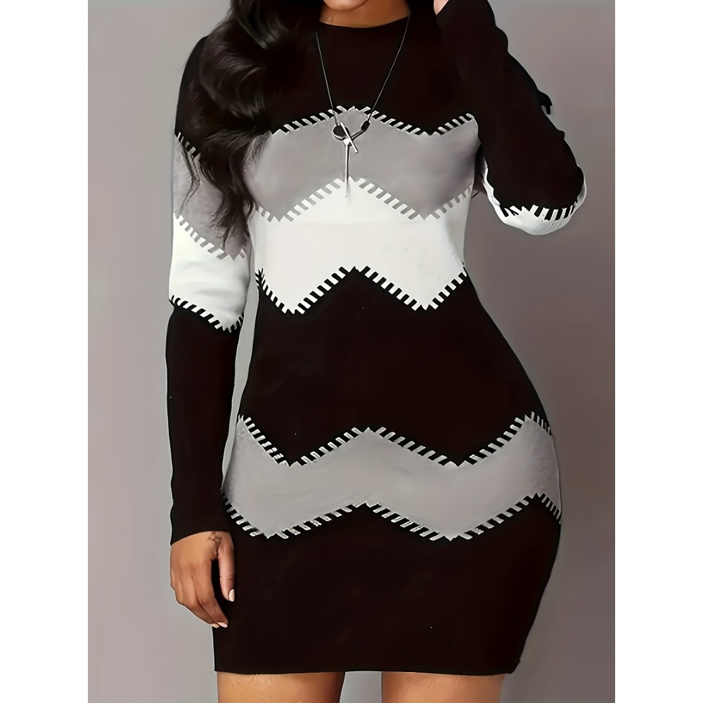 Color Block Long Sleeve Dress, Elegant Crew Neck Bodycon Knit Dress, Women's Clothing