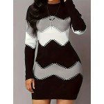 Color Block Long Sleeve Dress, Elegant Crew Neck Bodycon Knit Dress, Women's Clothing