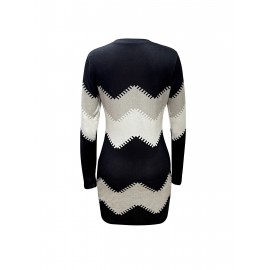 Color Block Long Sleeve Dress, Elegant Crew Neck Bodycon Knit Dress, Women's Clothing