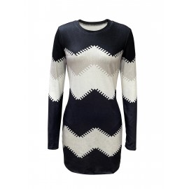 Color Block Long Sleeve Dress, Elegant Crew Neck Bodycon Knit Dress, Women's Clothing